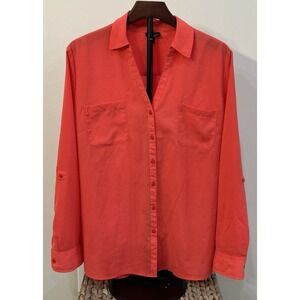 TALBOTS NANTUCKET Women's Blouse Orange/Coral Roll Tab Long Sleeve Pockets XL